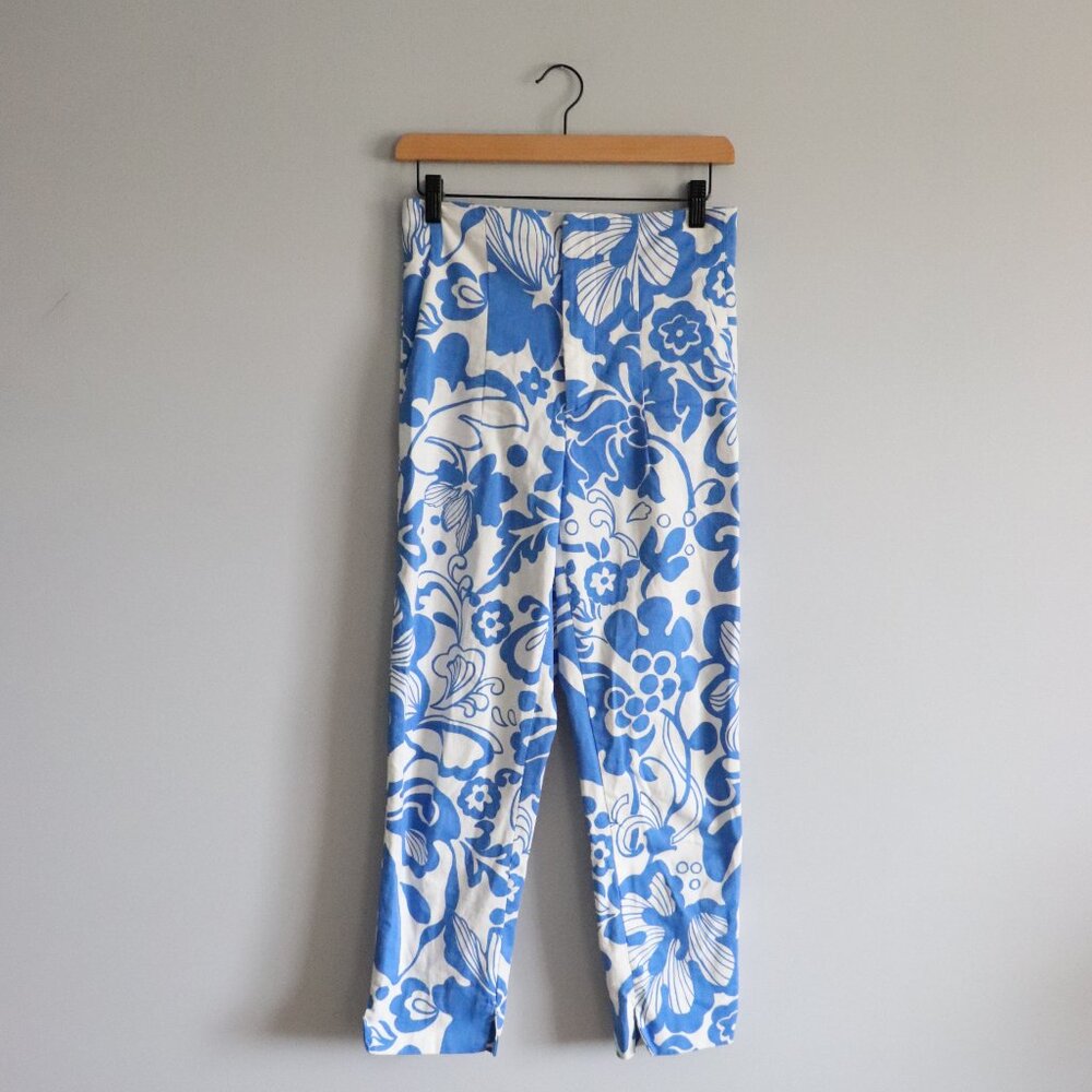 Zara Women's Blue/White Sz 4 Printed Floral High Waist Slim‎ Fit Trouser Pants